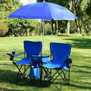 👍Portable Outdoor 2-Seat Folding Chair with Removable Sun Umbrella Blue🔥